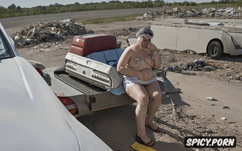ugly fat grandma, poorly dressed, topless, hairy pussy, in a garbage waste landfill