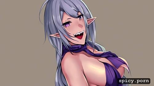 3dt, elf, style anime, long straight light gray hair, purple eyes