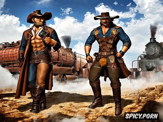 shirtless, pecos bill as evil 25m tall nude bodybuilder like long haired cowboy tall as a steam engine