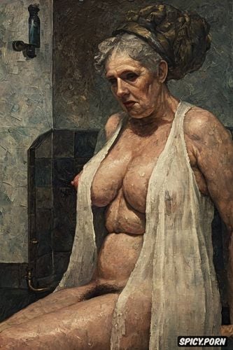 victorian gown, textured impasto oil paint, touching breasts tiled bathing