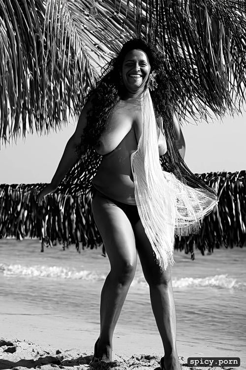 giant hanging tits, high heels, long hair, color portrait, 60 yo beautiful white caribbean carnival dancer