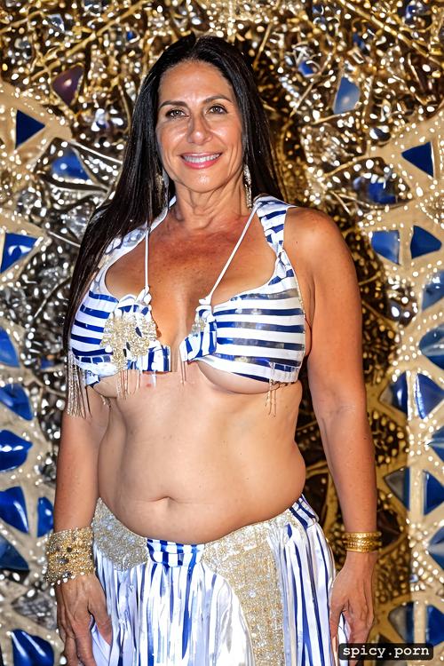 performing on stage, 47 yo very beautiful bellydancer, hourglass figure