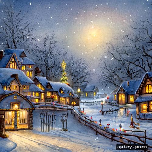hd, on a beautiful snowy night, at christmas, thomas kinkade style painting of a beautiful small village in the middle of an enchanted forest
