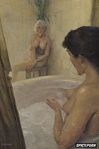 black hair, degas manet bonnard, large hands, fog, women in humid bathroom with fingertip nipple