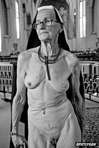 cross necklace, pulpit, loose flat tits, detailed face, extremely skinny