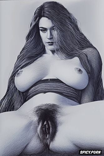 teen, pussy lips, charcoal drawing, cotton folds fabric, hairy vagina