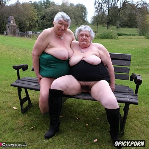 beautiful faces, wearing black knee high boots, two old naked fat grannies sitting on a park bench with their legs spread