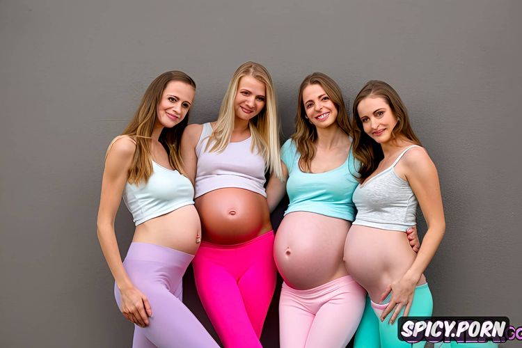 large pregnant belly, seductive, wearing pastel colored yoga pants and tight camisole