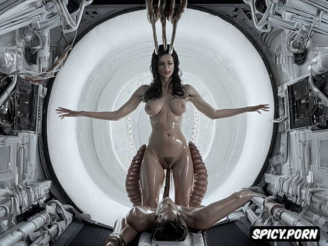 alien porn, woman orgasms with tentacle in her pussy, xenomorph tentacles aggressively copulating with sexy woman