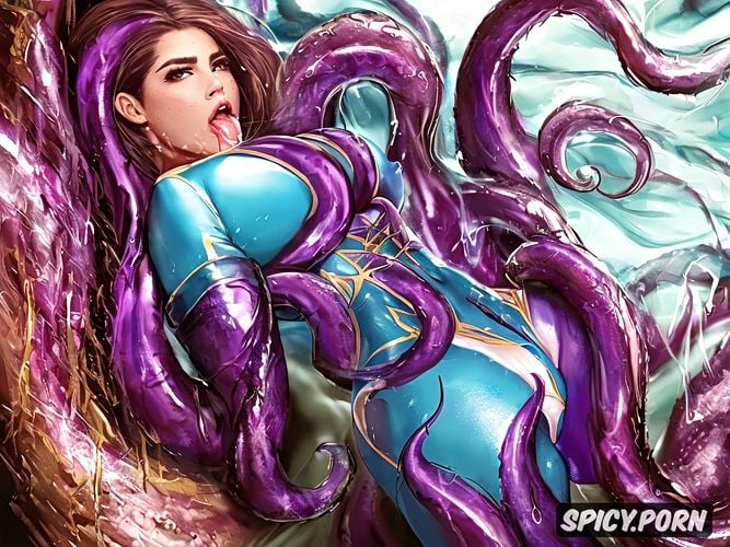 pussy and ass spread and fucked and attacked brutally by many purple tentacles