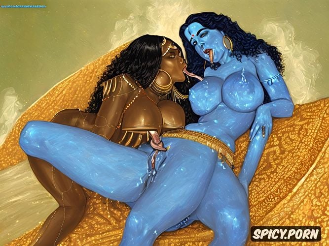 hyperdetailed futa creampie, lesbian sex, black hair, in suhagraat hindu godess kali blue skin