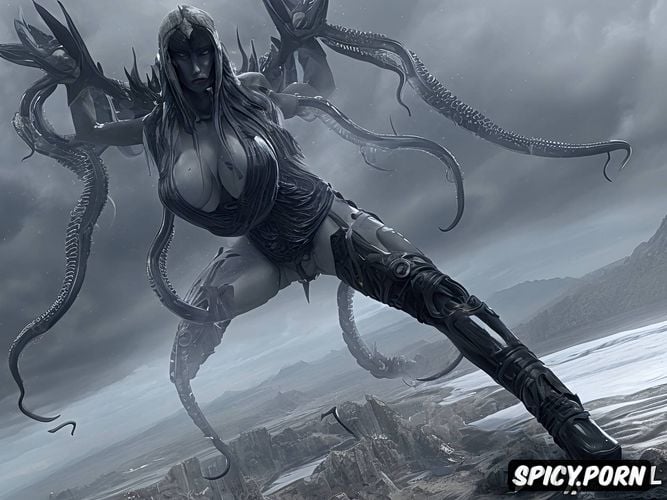 ultra detailed, extremely aroused, pussy spread by thick xenomorph swollen tentacle dick