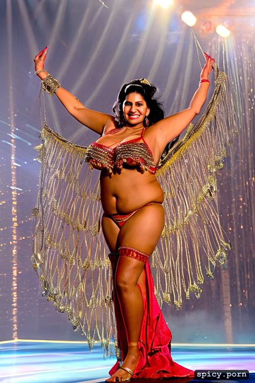 performing on stage, extremely busty, intricate beautiful dancing costume with bikini top