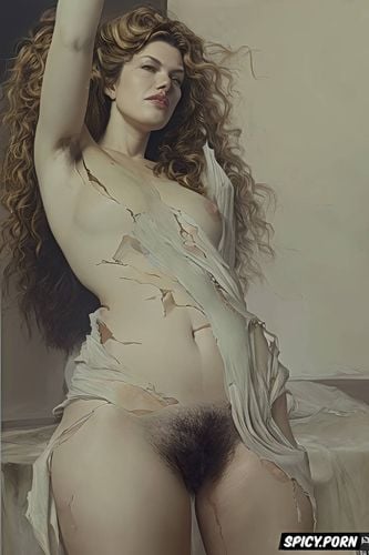 fat thighs, indoor, nude, cinematic, courbet oil painting, dyed blonde hair