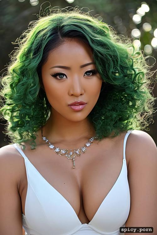 green hair, white dress, positivity, pink lips, symmetrical shoulders