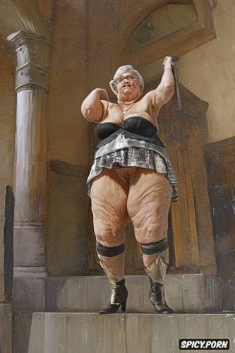 an old fat grandmother in the church lifted up her skirt, you can see a chubby pussy