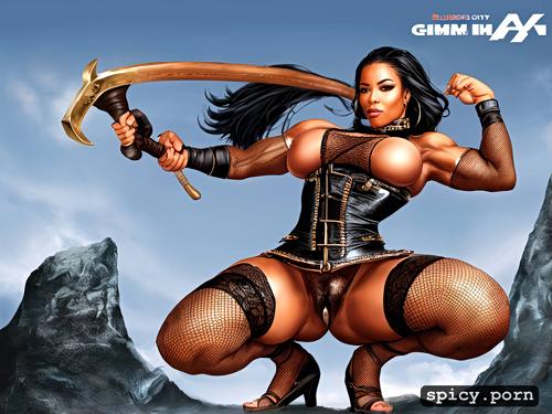 wielding a thick, plump african female muscle dominatrix dressed in leather