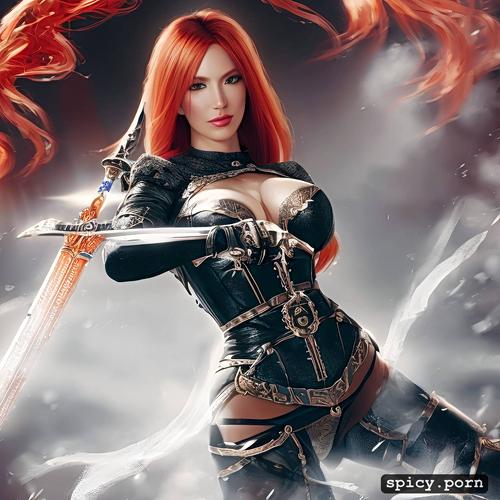 high definition, symmetrical eyes, 8k, masterpiece, nude red haired woman pushing sword to hilt deeply inside vagina