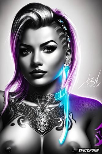 ultra realistic, high resolution, k shot on canon dslr, sombra overwatch beautiful face young topless tits out tattoos masterpiece