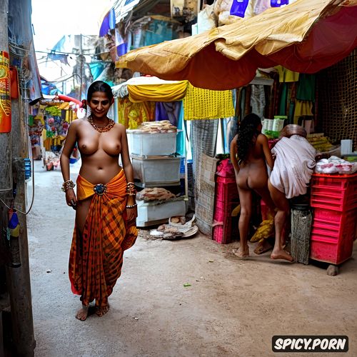 an indian impoverished female food stand worker is completely naked with an open vagina to male customers