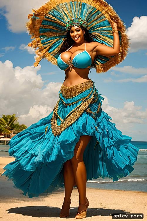 color photo, curvy hourglass body, extremely busty, beautiful tahitian dancer