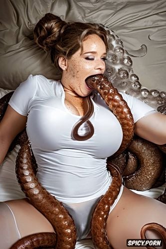 massive tentacle going into mouth, sprawled out on bed, tentacle going into ear