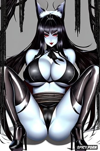 shiny, soft black lips, seducing, and massive big juicy thousand cc breasts with perky hard nipples that are peaking through the kimono kuro wears black a pitch black kimono that slightly covers her oiled curvy divine body her shoes are long