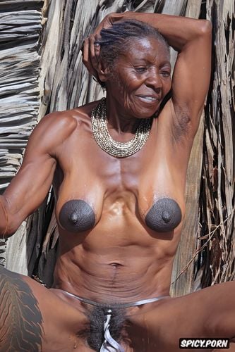 wearing tribal necklace, full frontal image, oiled body, flashing her open hairy black pussy