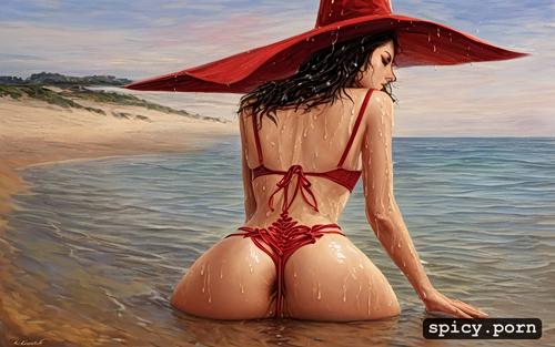 model face, red lingerie1 2, sharp focus, spreading cheeks, by the ocean