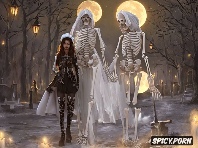 cemetery, skeleton cosplay, female, full body shot, full shot