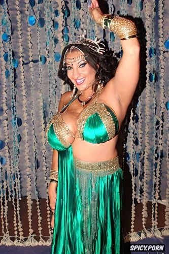 beautiful curvy body, gold and silver and pearls jewelry, belly dance studio