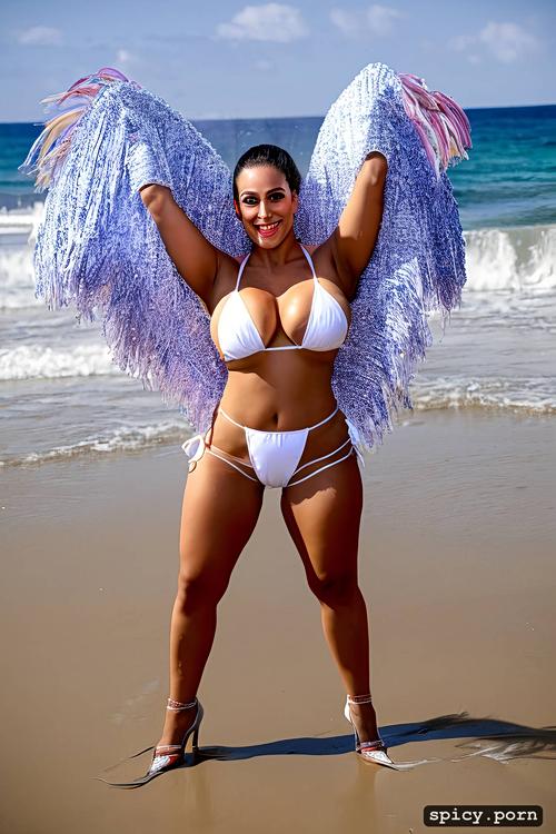perfect stunning smiling face, 24 yo beautiful performing white rio carnival dancer at copacabana beach