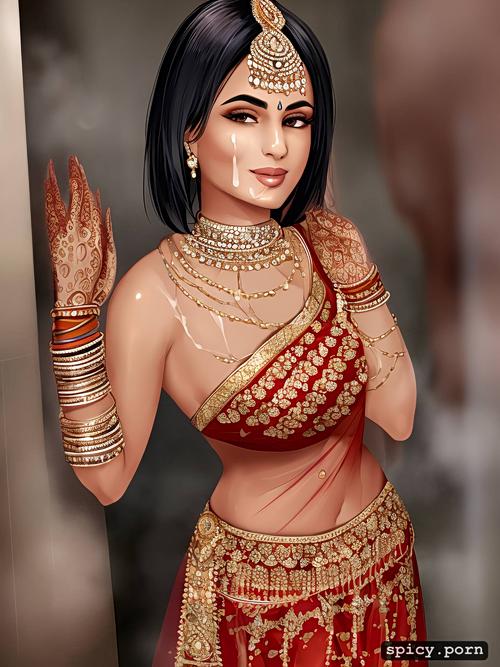 sexy indian bride with short dark hair, ultra realistic photo highly detailed and proportional realistic human face