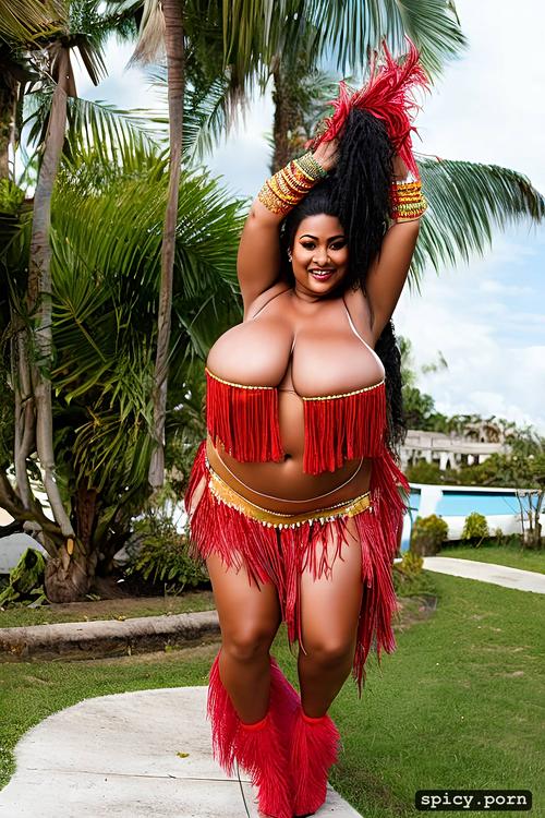 flawless smiling face, 41 yo beautiful tahitian dancer, intricate beautiful hula dancing costume
