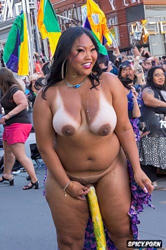 crowd, nudist, gilf, very fat saggy belly, small breasts, crowd