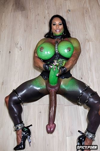 muscular futanari orc, huge muscles, green skin, massive boobs