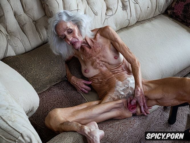 very old granny, scrawny, indoors, ninety, saggy, naked, zombie