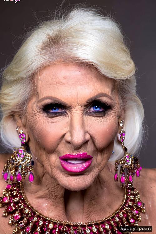80 year old brunette white woman, shiny lips wrinkles wet face heavy make up big focused eyes high detail high cheekbone high res old whore