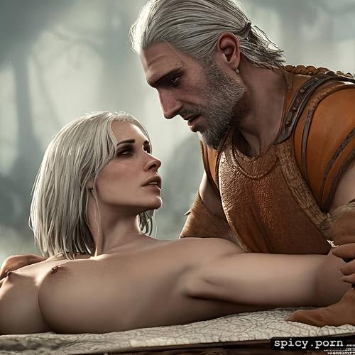 nude, medieval tavern, realistic, witcher, ciri and geralt having sex