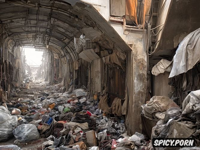 furnace tanks, quarry, dressing gown completely open, slum, beautiful face