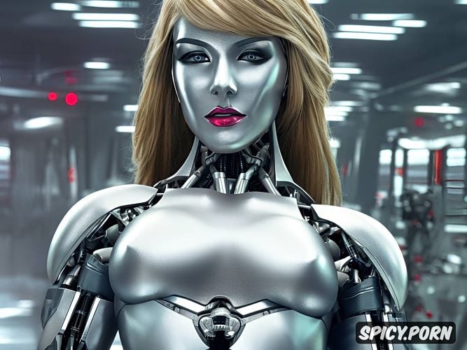 sexy blonde robot with fully metallic body and huge tits, internal robotic parts visible in the abdomen