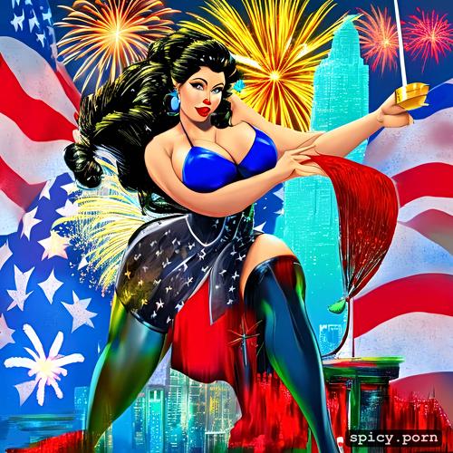 beautiful face, patriotic, pin up fashion, fireworks, high heels
