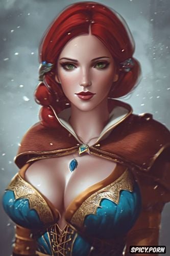 ultra detailed, k shot on canon dslr, triss merigold the witcher tight outfit portrait beautiful face masterpiece