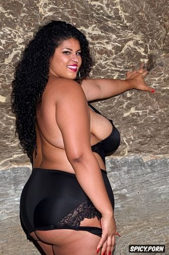 front view, narrow waist, chubby pussy, laughing, long black wavy hair
