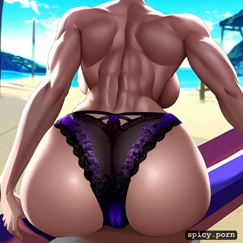 from behind, beautiful face, massive breasts, muscular body