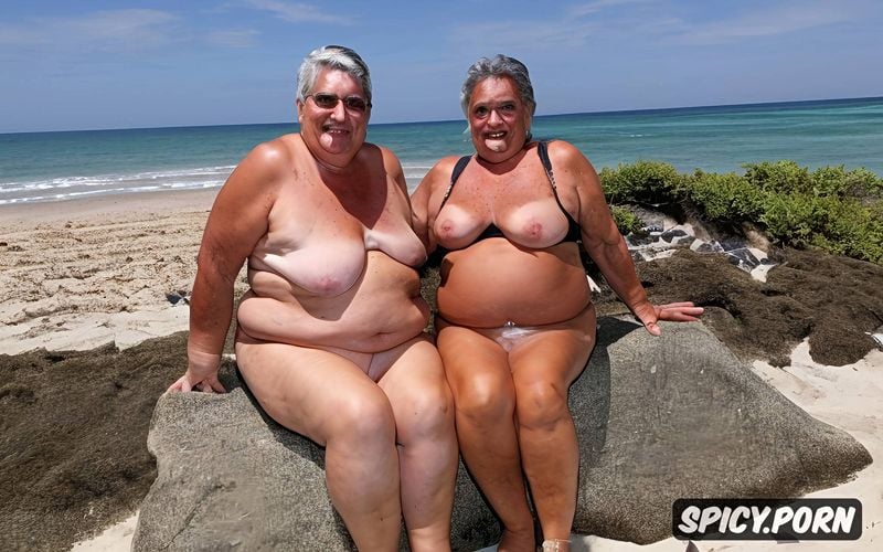 she is short, a camcorder zoom in shot of two olds ssbbw hispanic grannies naked at beach