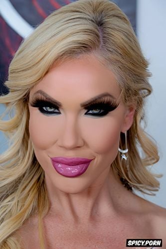 botox lips, huge false eyelashes, eye contact, blonde babe, duck face