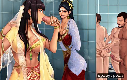 sexy indian bride with long dark hair and naked body, and bangs standing in men toilet where two man standing with dick in there hand