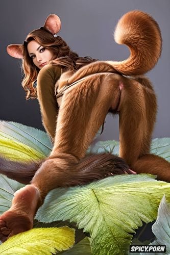 half mouse hybrid, real mouse ears and tail, beautiful 30yo woman
