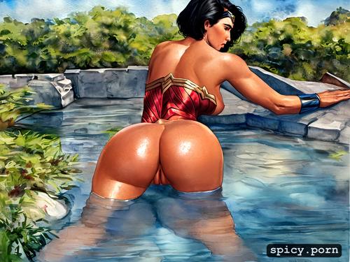 wonder woman, shaved pussy, photo realism, firm round ass, view from behind